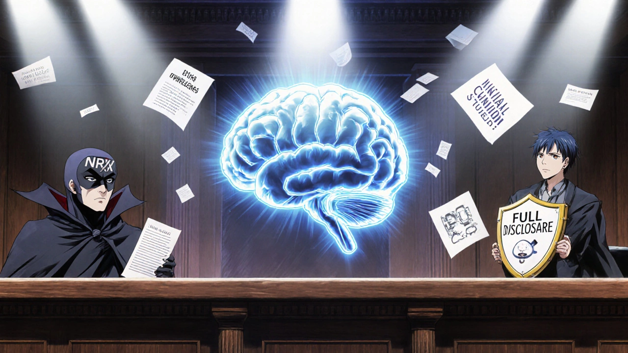 Giant brain on trial with NPXL as masked villain vs. heroic supplements holding science-based shields.