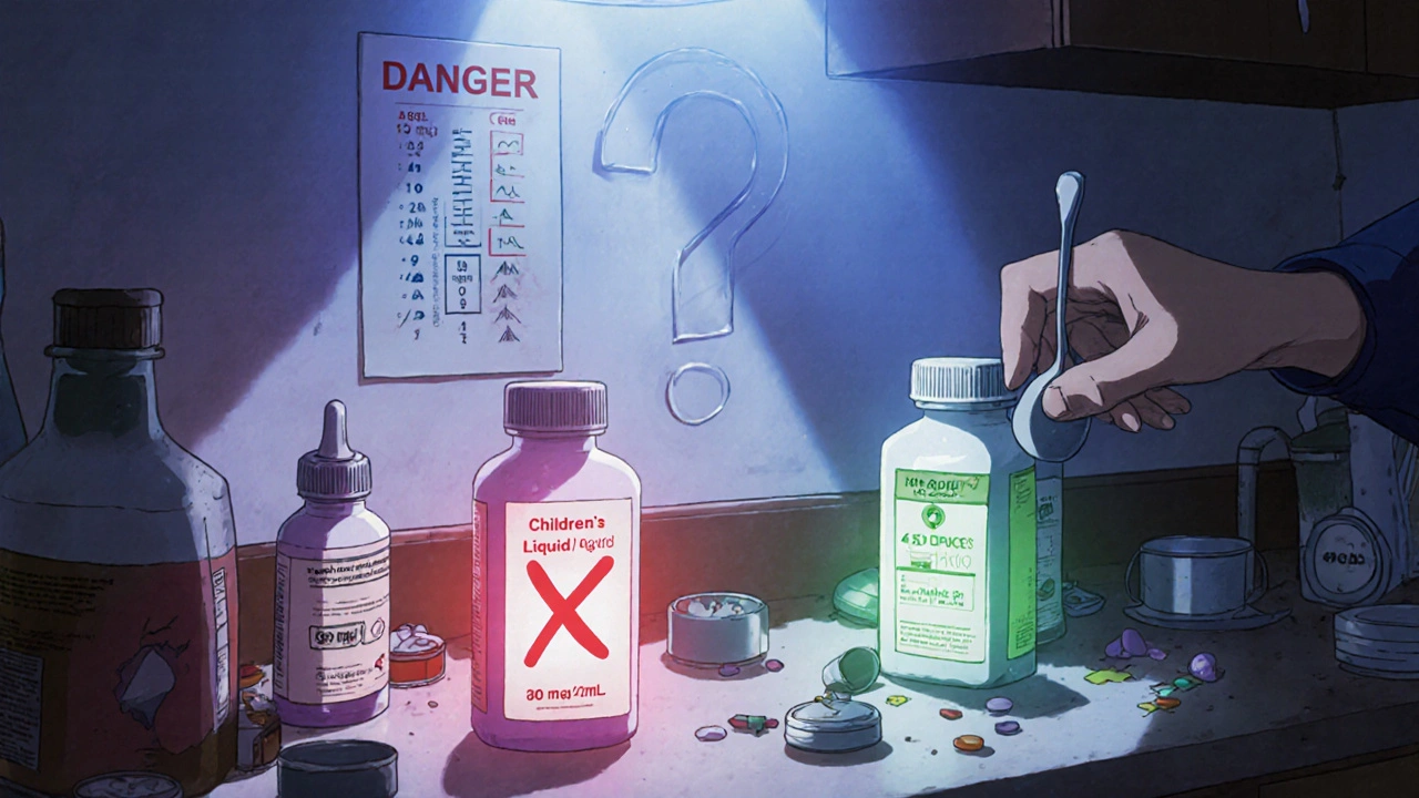Medicine bottles on counter, one marked dangerous infant drops, another safe children&#039;s liquid