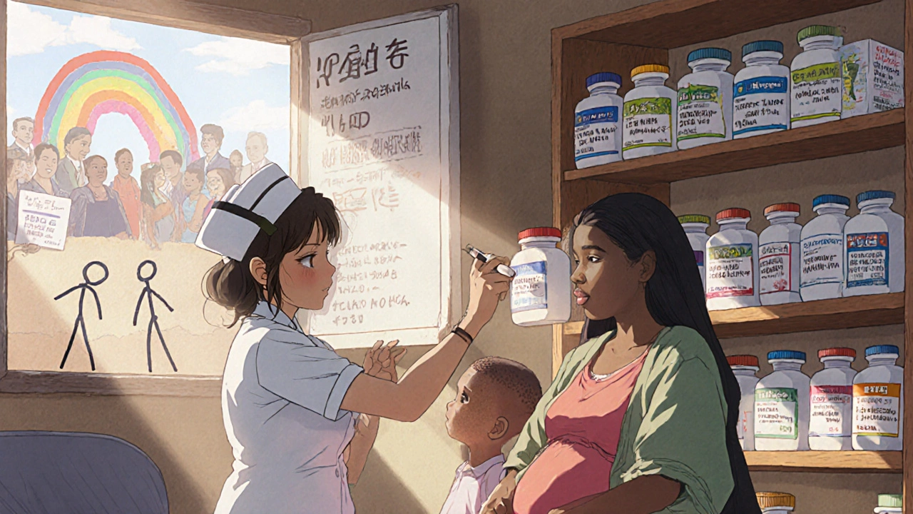Nurse giving generic zidovudine to pregnant woman in African clinic with sunlight.
