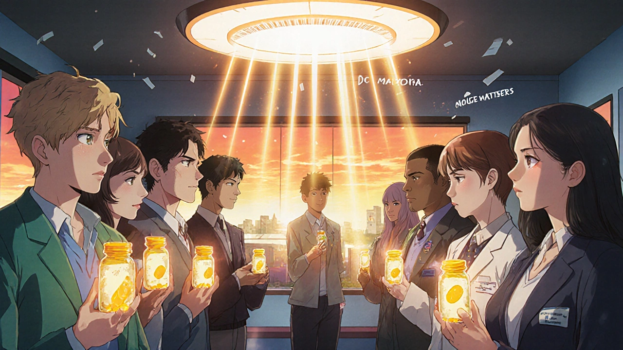 Patients and staff in a clinic are connected by golden light beams from their pill bottles, forming a protective shield above the building.