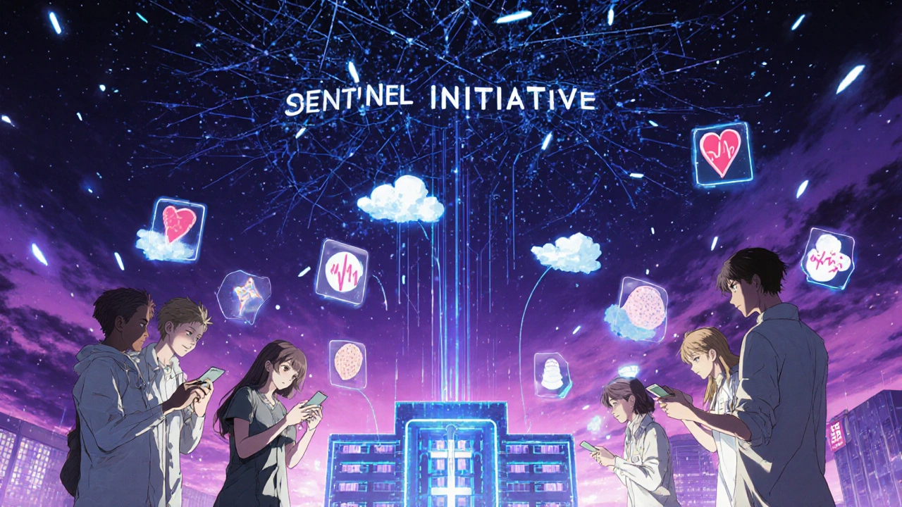 People reporting side effects via app, with holographic icons and a neural network in the sky.