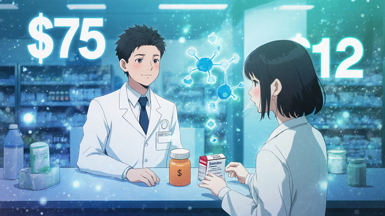 Pharmacist handing generic pill to patient as price drops from  to 