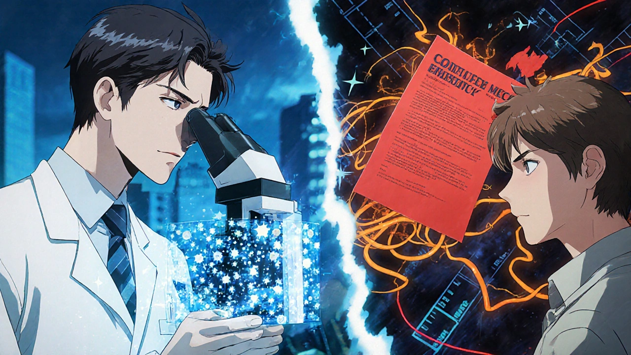 Scientist examining inhaler particles vs. applicant receiving a red rejection letter