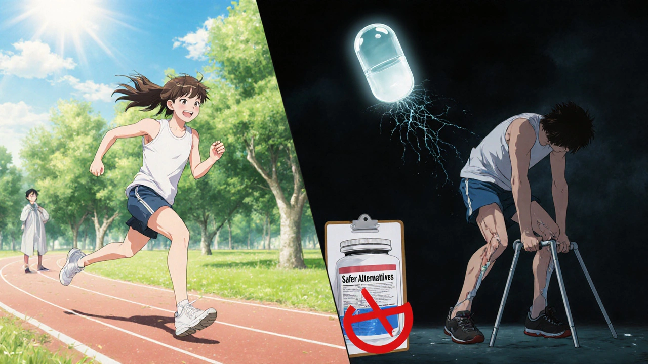 Split scene: healthy athlete vs. same person on crutches with frayed tendons, ghostly pill casting dark haze.