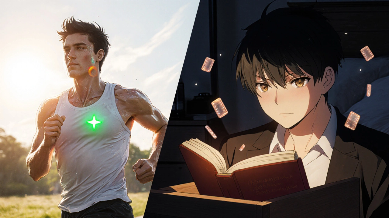 Split scene: person jogging at noon and reading calmly at night with light therapy box glowing.