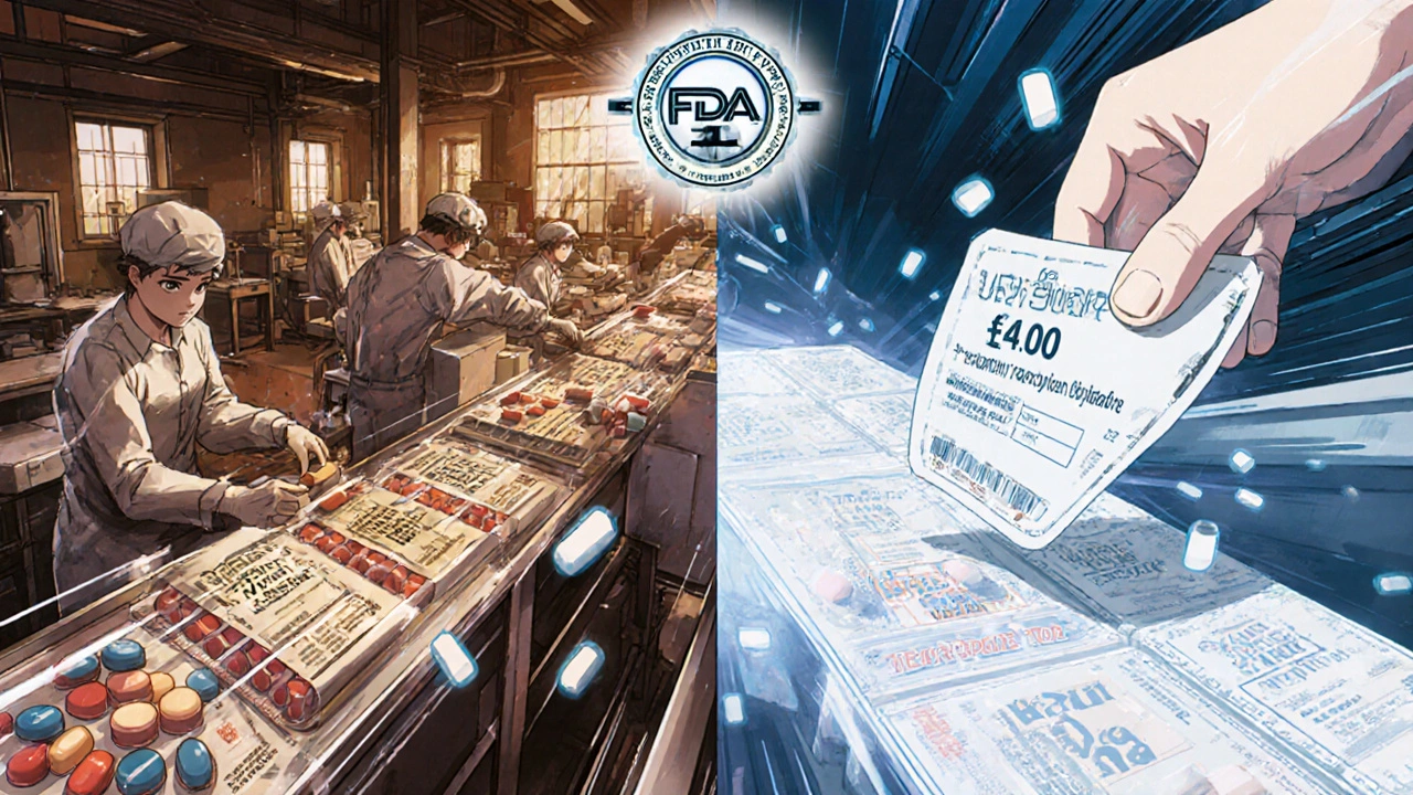 Split-screen of pharmaceutical factory producing the same pills for brand and authorized generic labels with dropping price tag.