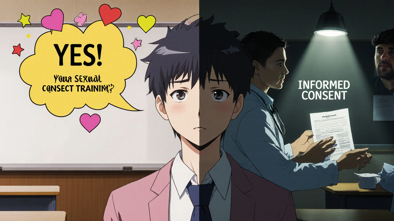 Student comparing sexual consent symbols with medical consent form in classroom, two contrasting scenes side by side.