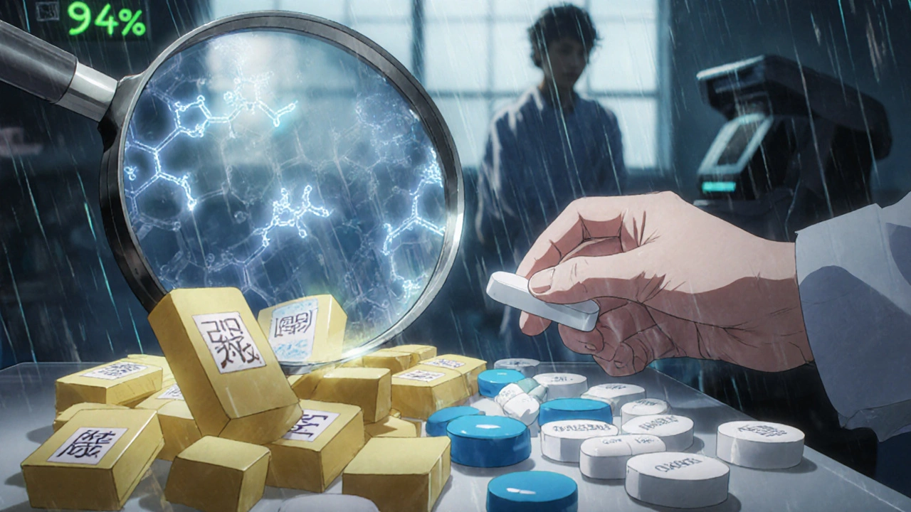 Technician sorting pills by color and shape, with glowing drug class symbols and a broken scanner in background.