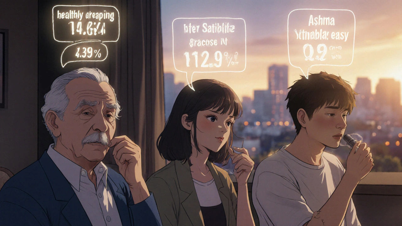 Three patients taking generics with rising health metrics in golden hour light