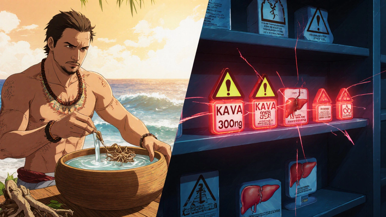 Traditional kava preparation vs. dangerous commercial capsules in contrasting anime-style scenes.