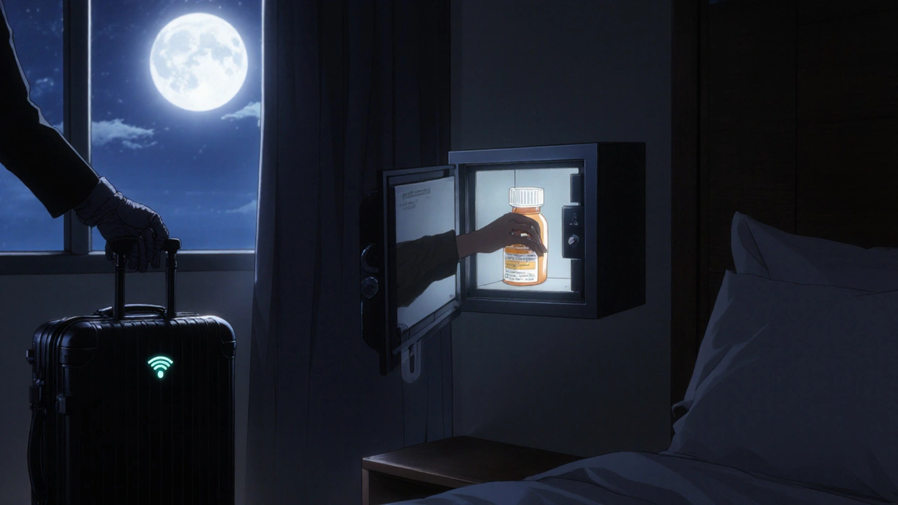 Traveler securing medications in a lockable safe inside a hotel room with moonlight.