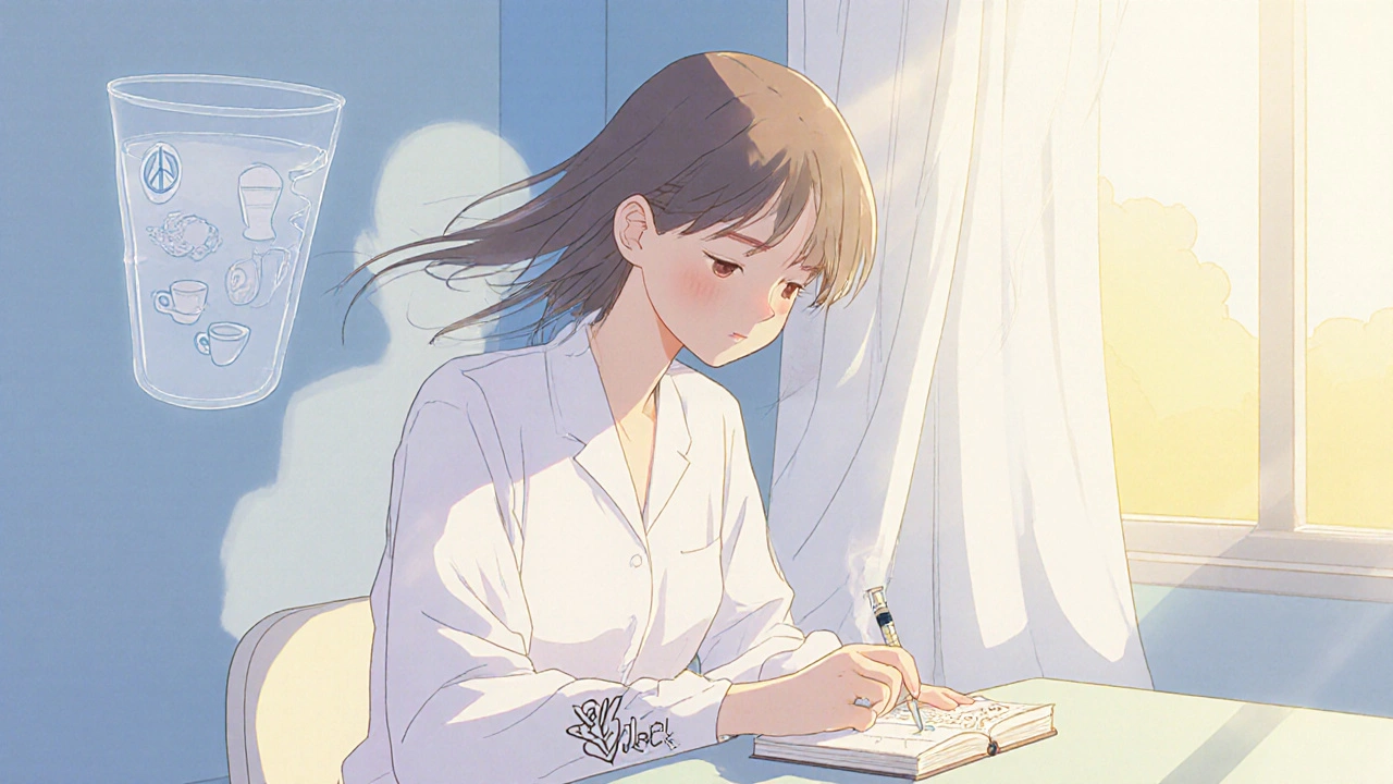 Woman receiving a monthly naltrexone injection in a peaceful clinic, symbols of sobriety surrounding her.