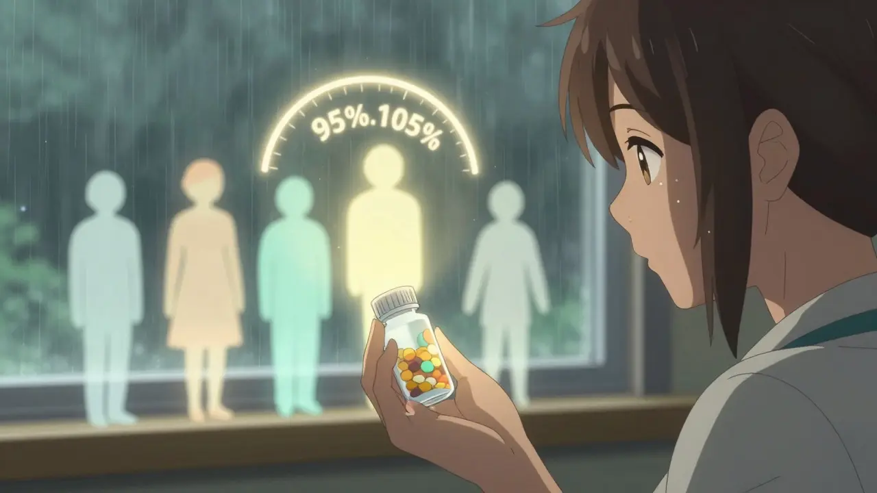 A patient holding a pill bottle as translucent generic versions float around, with a 95%-105% accuracy halo glowing softly.