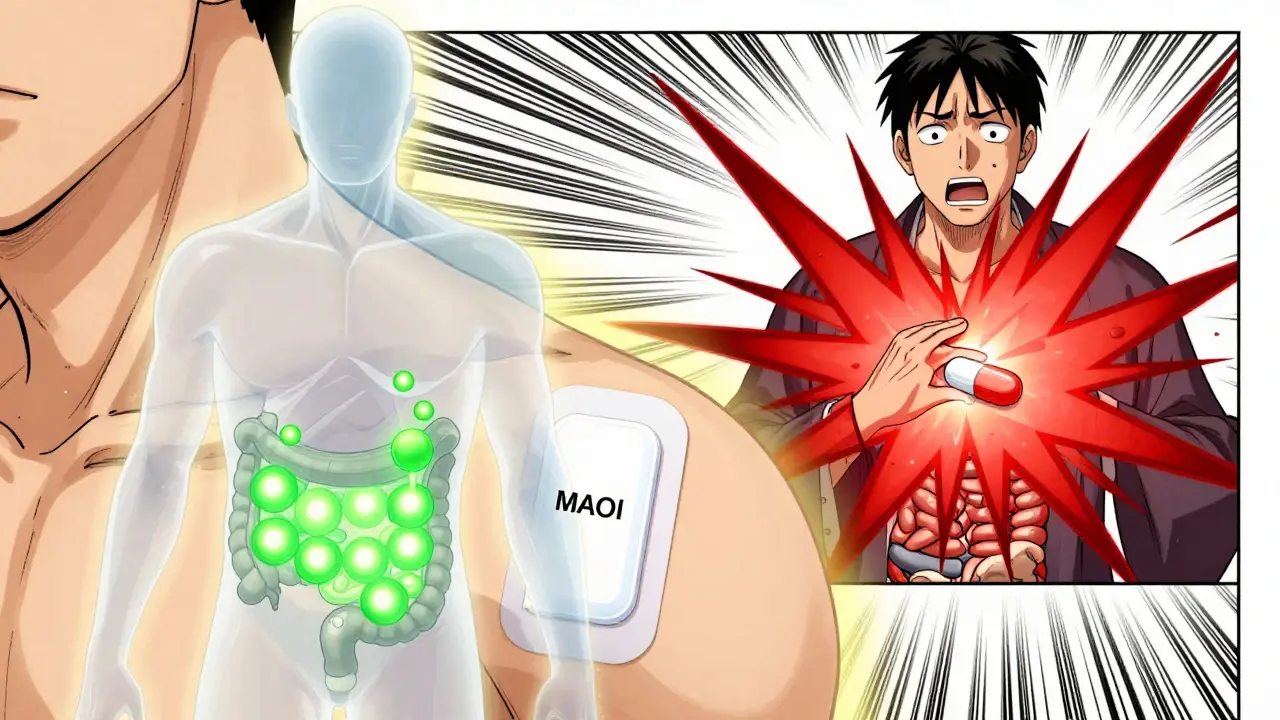 A person with an Emsam patch on their shoulder, glowing green tyramine molecules blocked in the gut, contrasting with a figure in crisis.