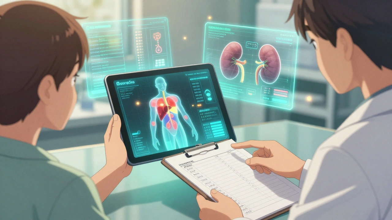 A pharmacist and patient reviewing a digital body map showing drug accumulation hotspots with AI analytics in background.