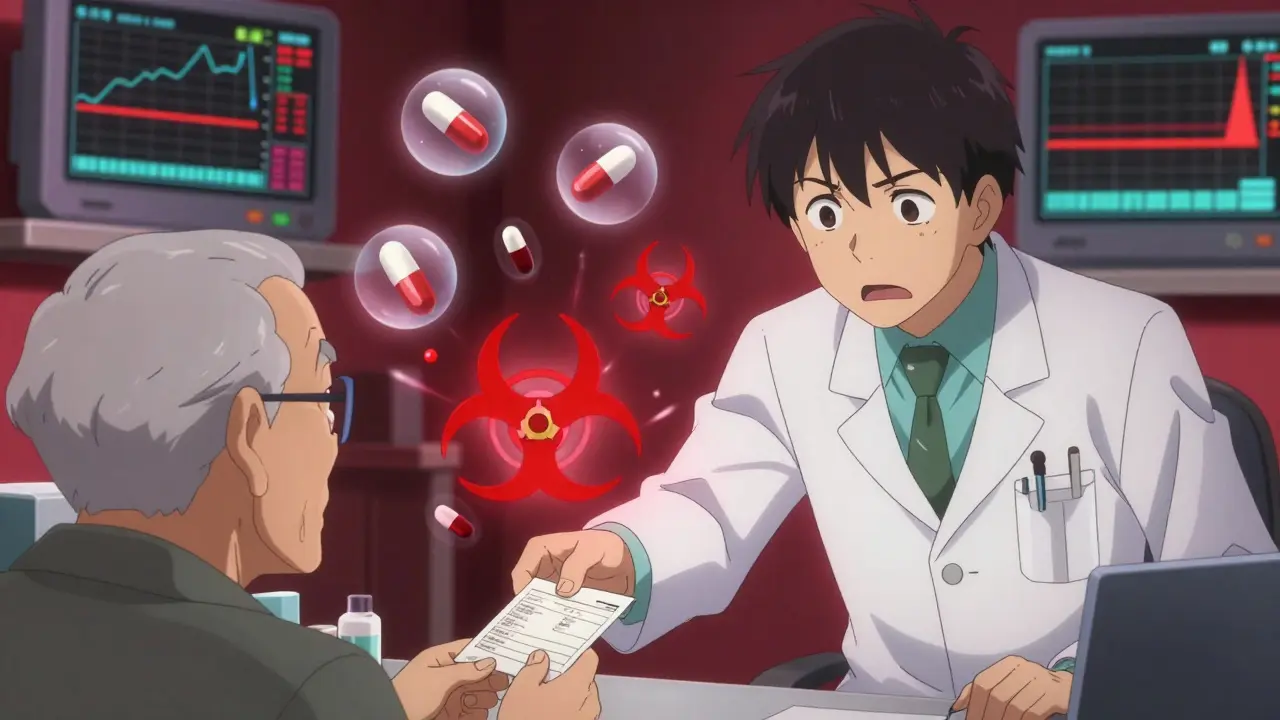 A pharmacist stops a doctor from giving a prescription to an elderly patient, with hazardous drug icons exploding into red symbols around them.