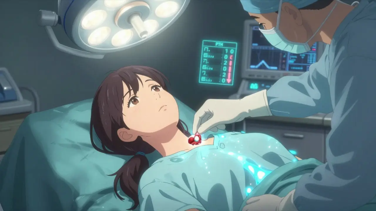 A surgeon removing a glowing adenoma during minimally invasive parathyroid surgery.