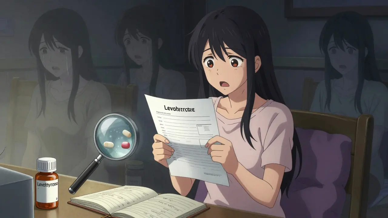 A woman holding a thyroid lab report, ghostly versions of herself behind her, representing adverse reactions to generic switches.