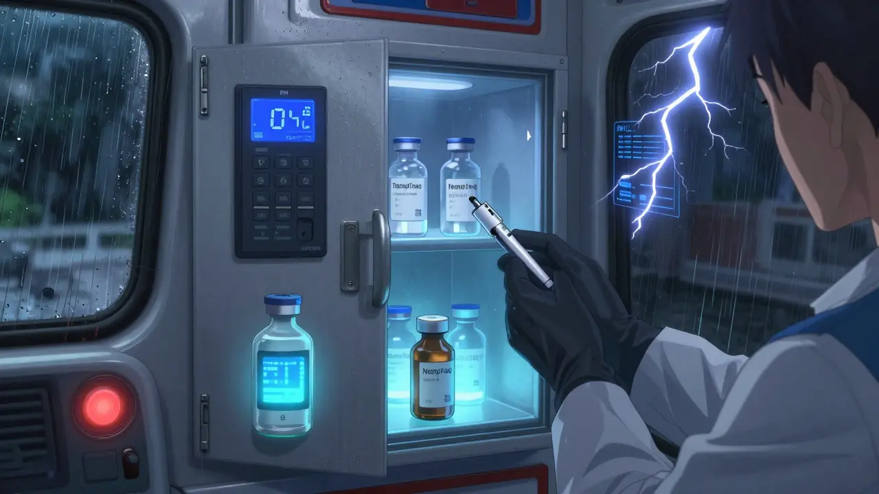 An EMS medic unlocks a high-tech cabinet in a stormy ambulance, with temperature sensors glowing beside emergency meds.