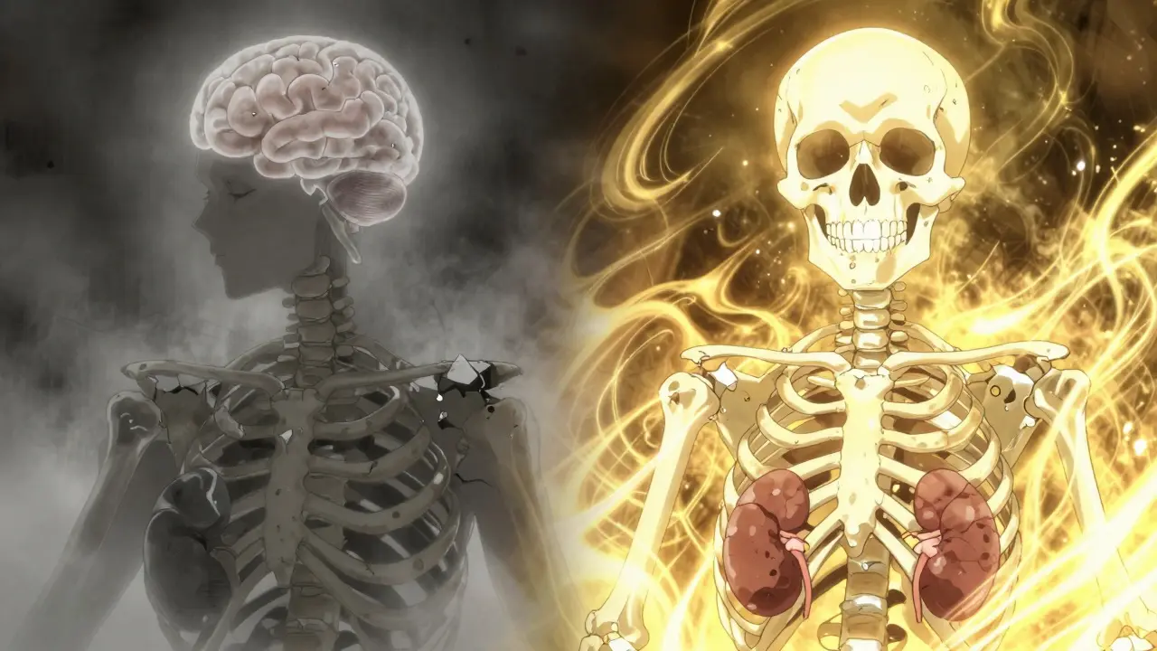 Before and after contrast of a person recovering from hyperparathyroidism with healing light.