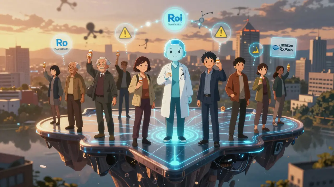 Diverse people connected by glowing threads to a digital doctor avatar, holding medication bottles under a glowing heart.
