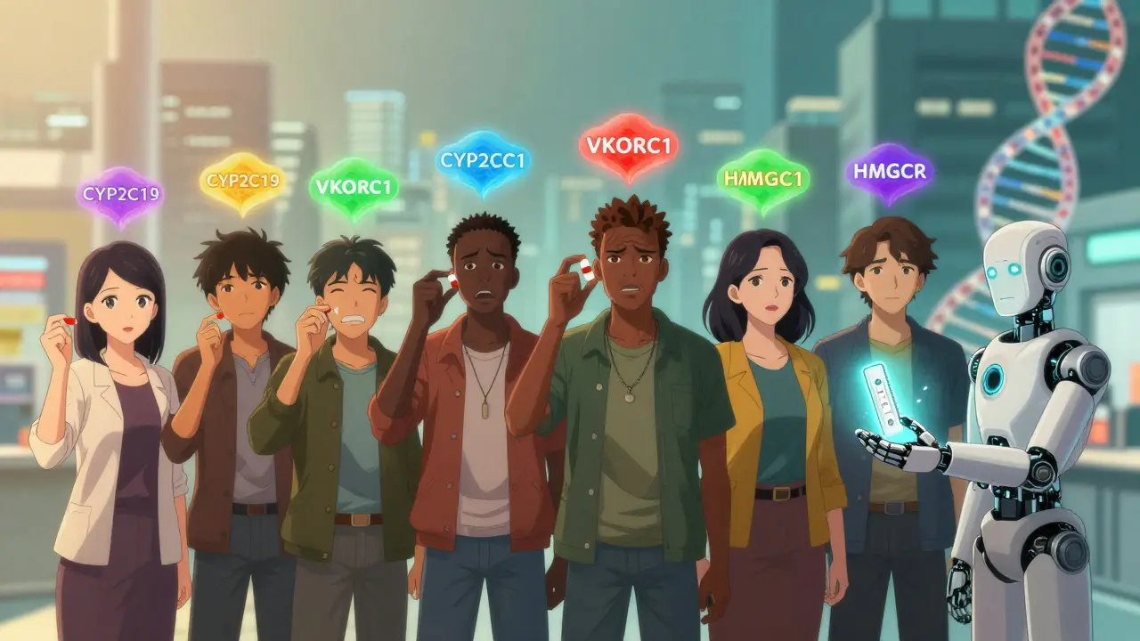 Diverse people with unique genetic patterns above them, representing how drug metabolism varies by ancestry.