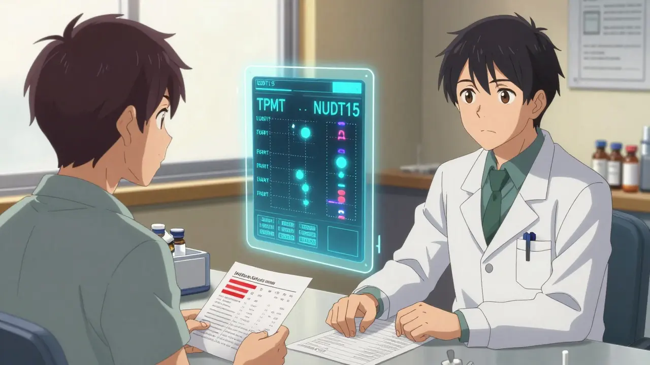 Doctor and patient reviewing genetic test results with glowing TPMT and NUDT15 variants displayed.