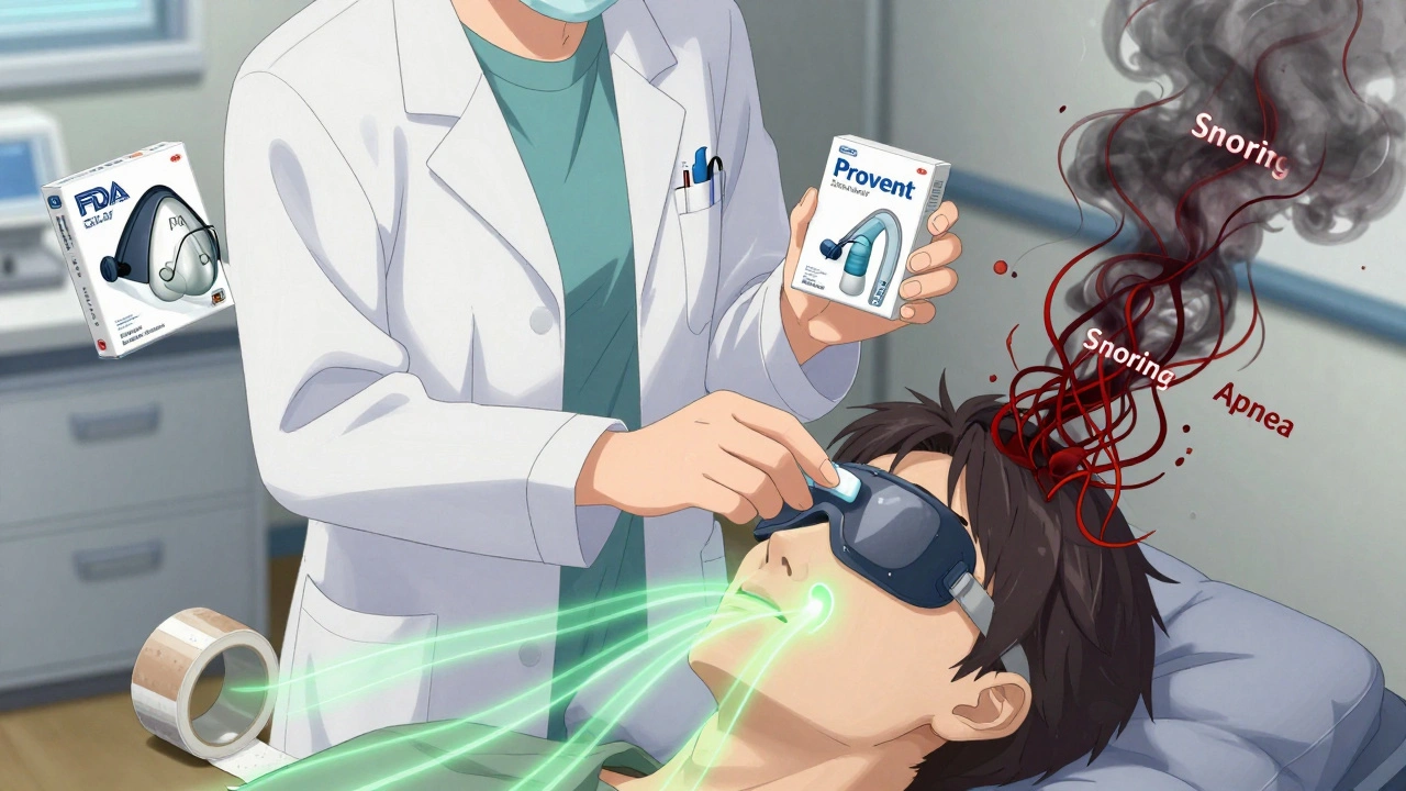 Doctor presenting FDA-approved sleep devices while discarded mouth tape lies broken on the floor.