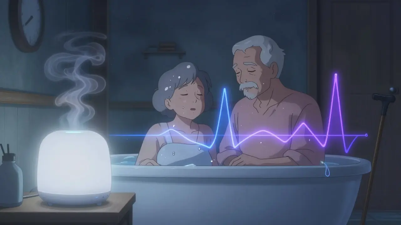 Elderly couple in warm bath, steam rising, white noise machine glowing softly nearby.