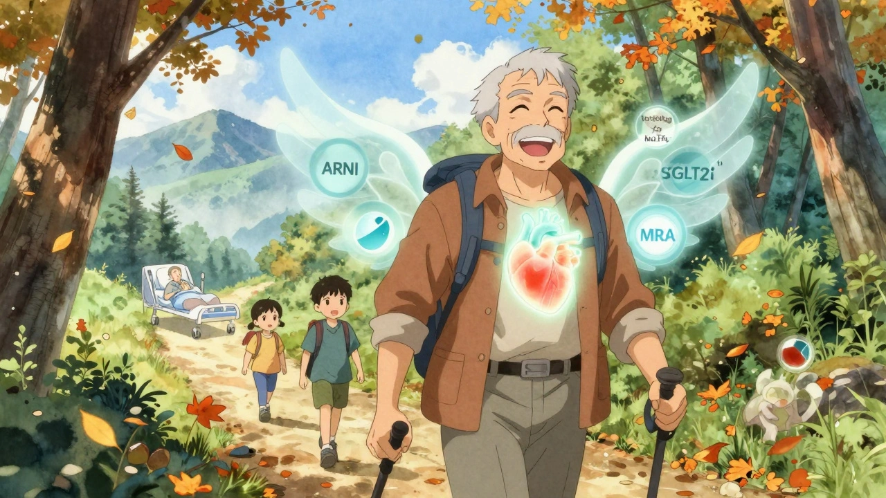 Elderly man hiking with grandchildren, glowing healthy heart and drug symbols around him, autumn leaves and distant mountains.