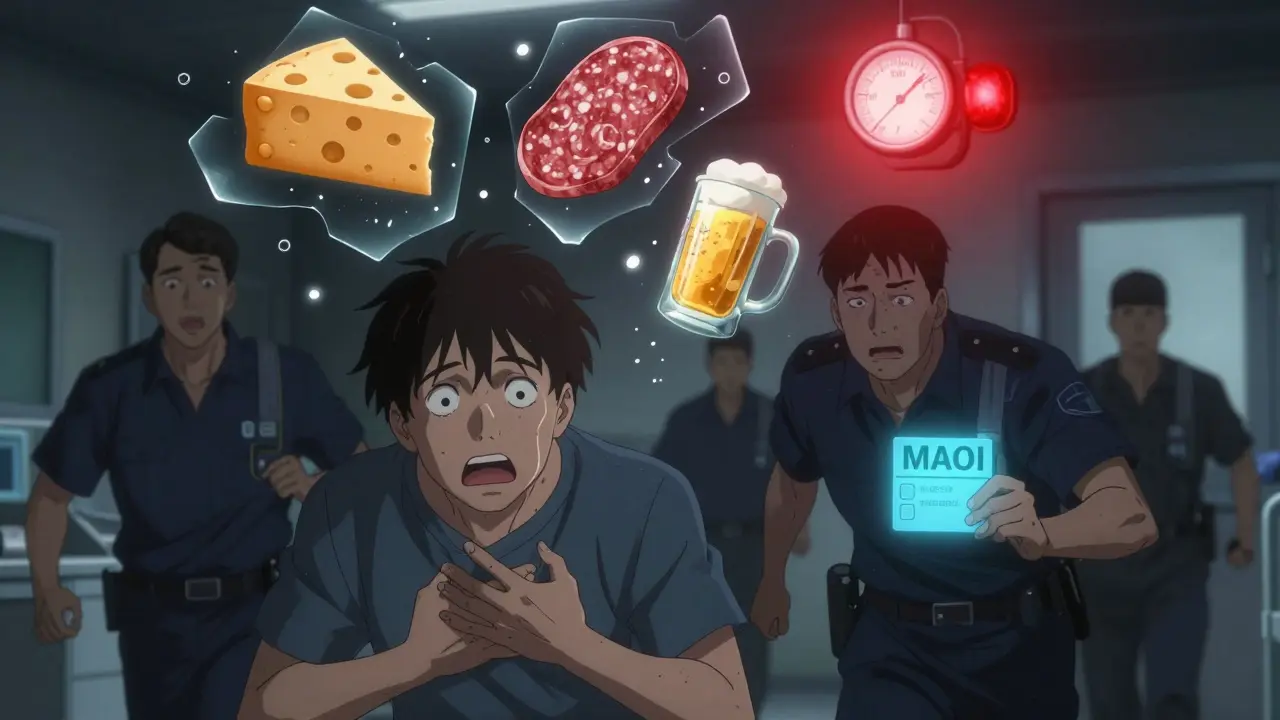 Emergency room scene with a patient in distress, paramedics rushing in, and glowing forbidden foods shattering above them.