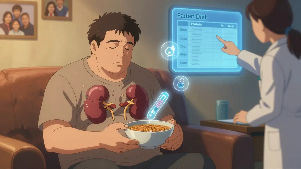Fatigued man with shadow kidney icon, dietitian guiding him with a stage chart.