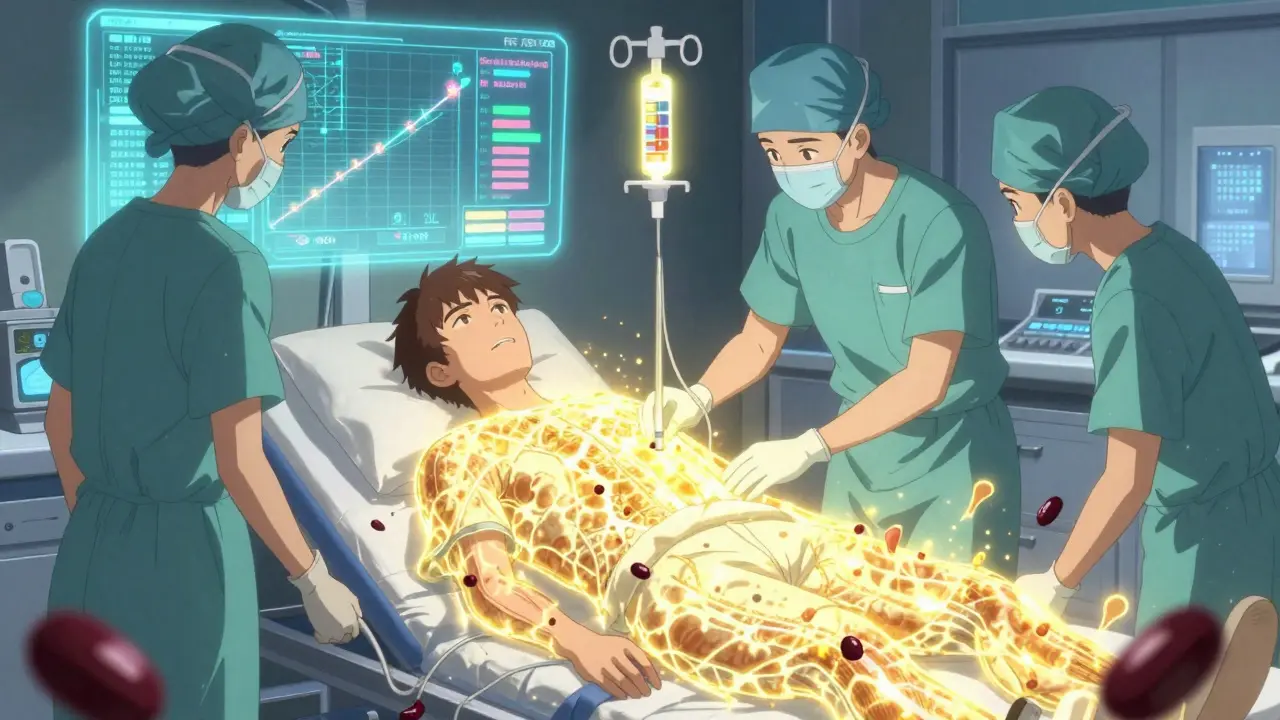 Medical team giving protective IV infusion as golden shield defends bone marrow.