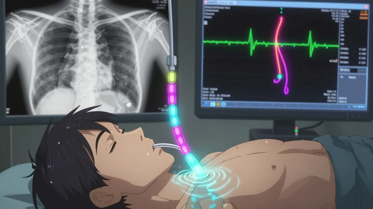 Medical tube with glowing sensors transmitting color-coded pressure data through the esophagus.