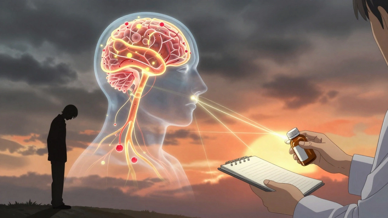 Neural pathway glows with neurotransmitters as therapy and medication hands guide recovery.