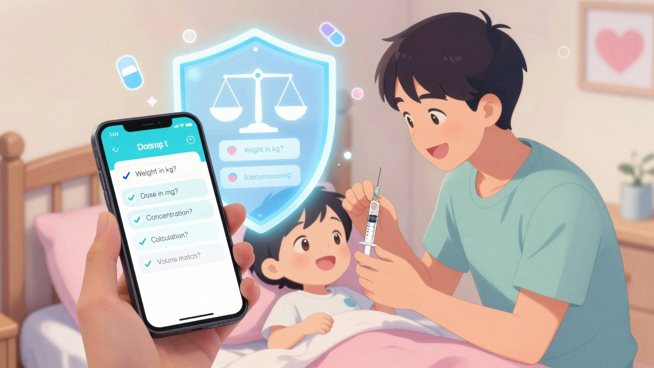 Parent using a dosing app with a checklist, holding a syringe as a protective shield glows over their sleeping child.