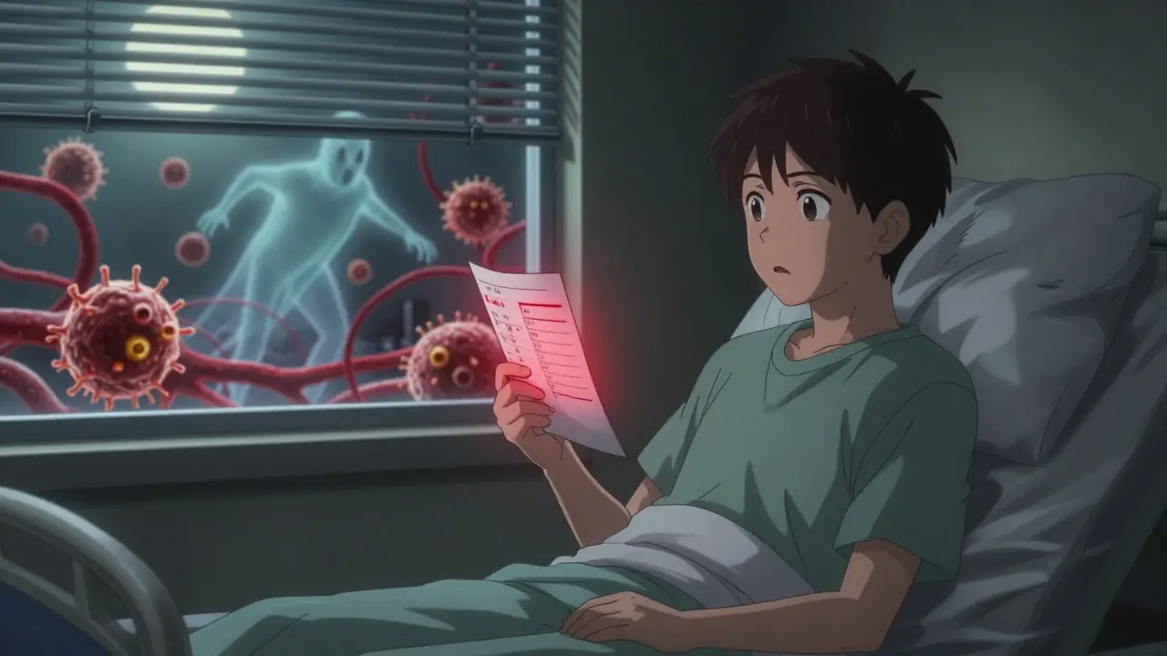 Patient holding low blood count report, ghostly neutrophil battling infection outside window.