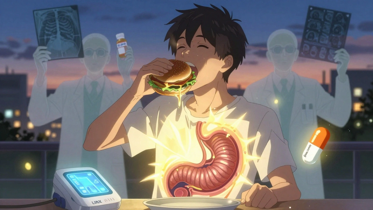 Person joyfully eating a burger as healed esophagus glows with normal peristalsis and medical devices fade away.