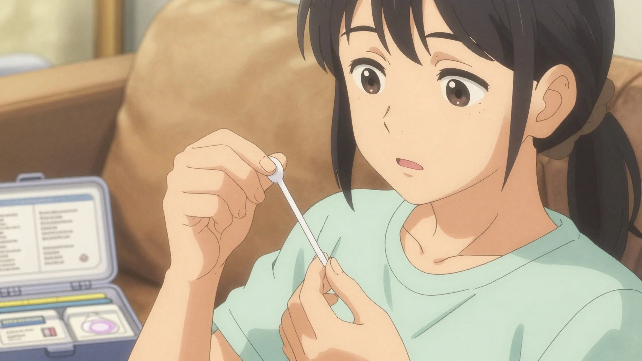 Person using a home HPV test swab in a cozy bedroom setting