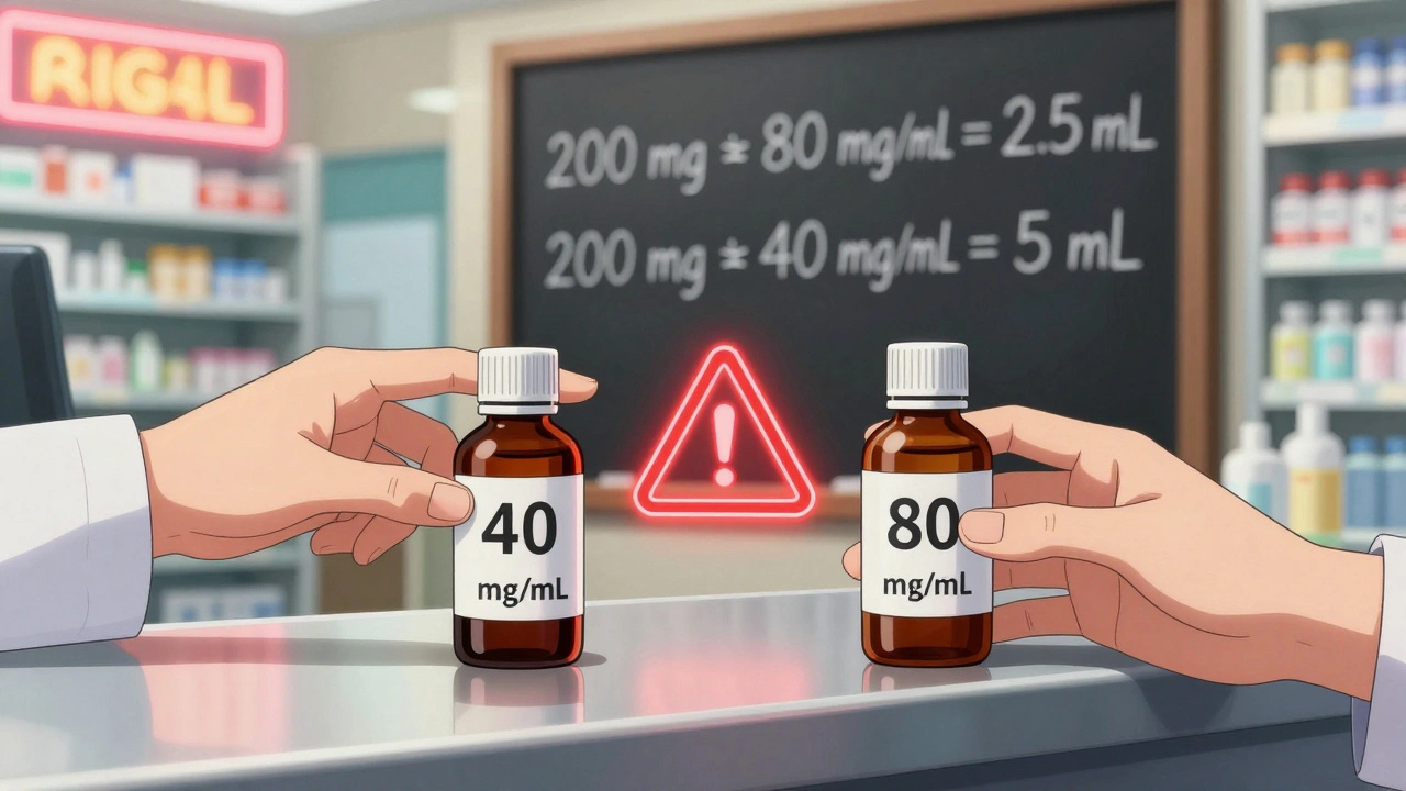 Pharmacist and parent comparing two medication bottles with different concentrations at a pharmacy counter.