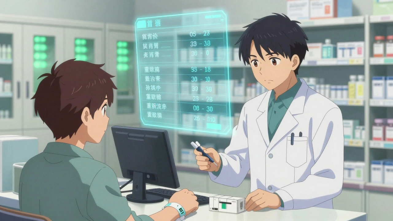 Pharmacist and technician performing a barcode double-check at a hospital pharmacy.