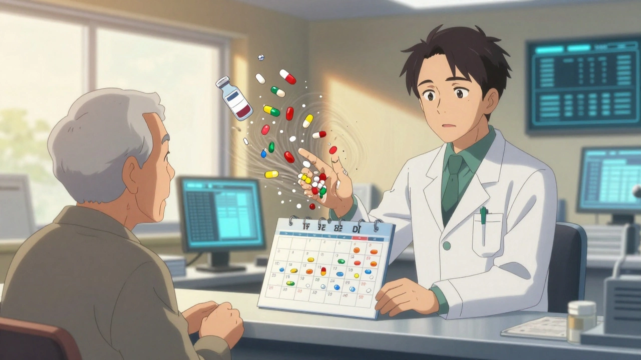 Pharmacist explaining safe medication use to an elderly patient with floating drug icons dissolving.