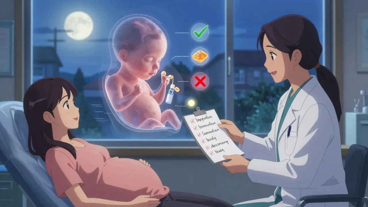 Pregnant woman giving medication list to provider, fetal silhouette with safe/unsafe symbols glowing.