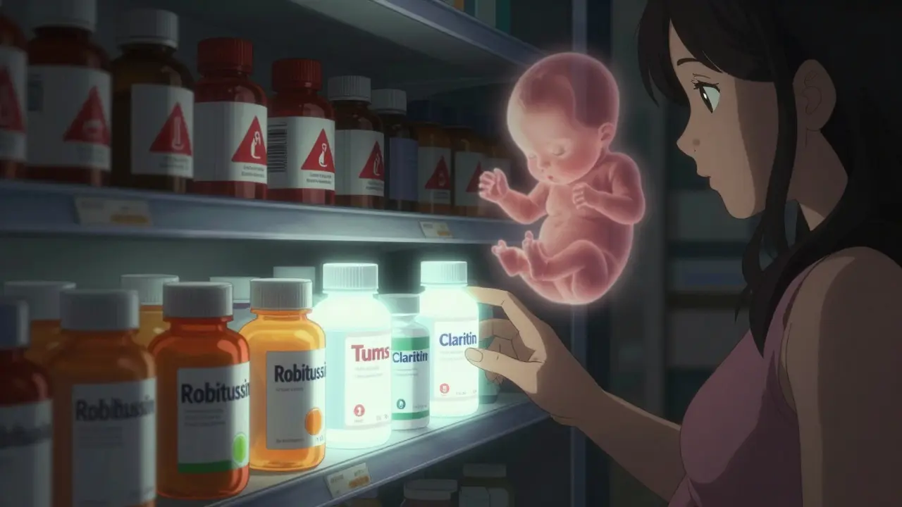 Pregnant woman reaching for safe OTC meds on a shelf, dangerous products fading in shadows.