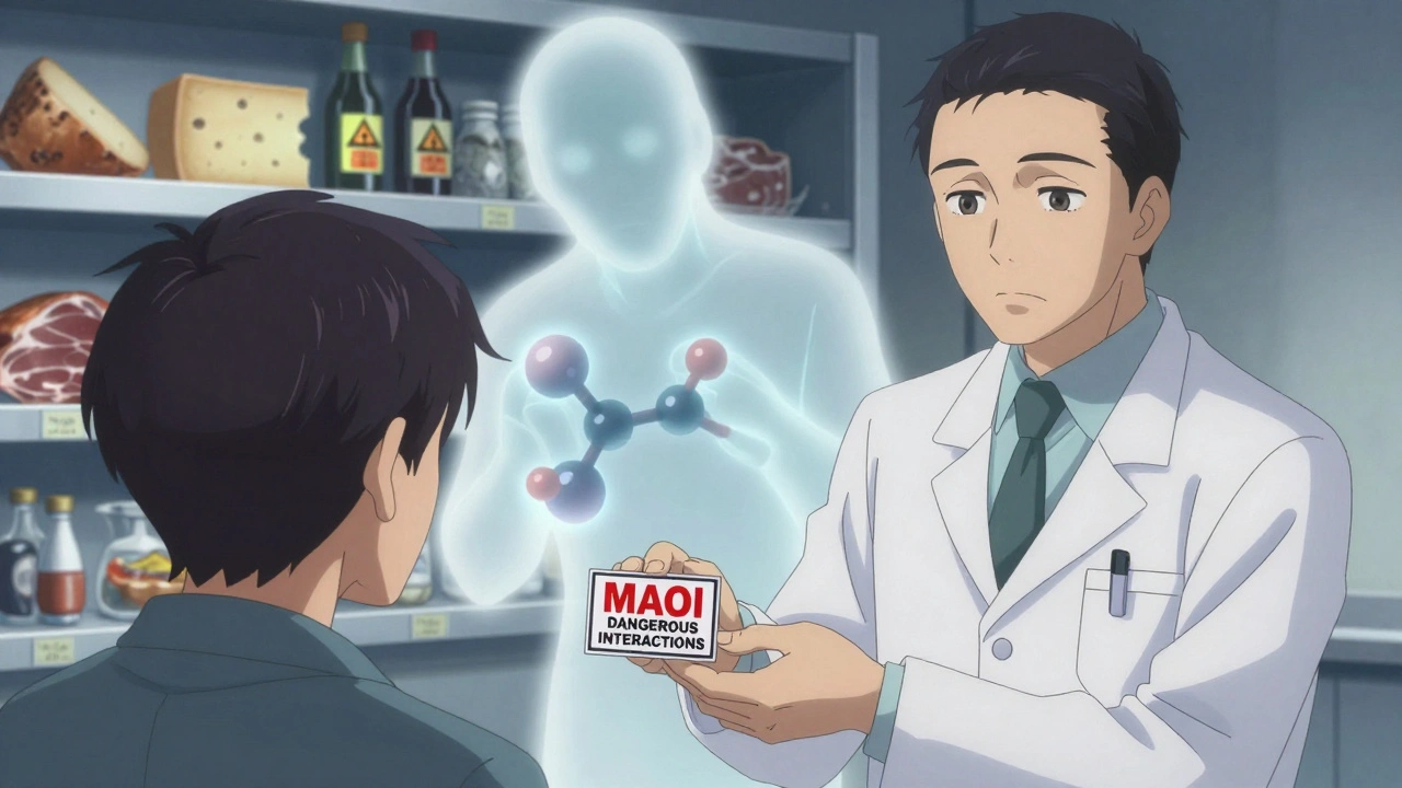 Psychiatrist giving safety card to patient, with forbidden foods surrounded by hazard symbols.