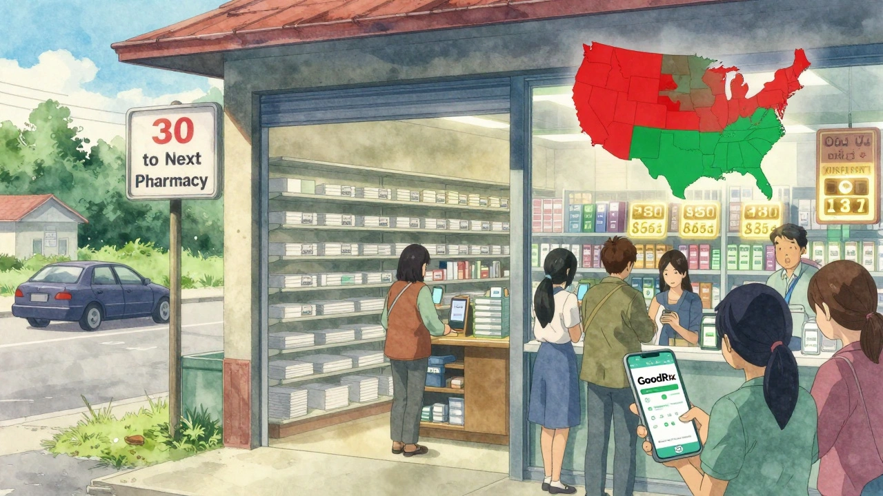 Rural pharmacy with empty shelves versus busy city pharmacy using cash price apps.