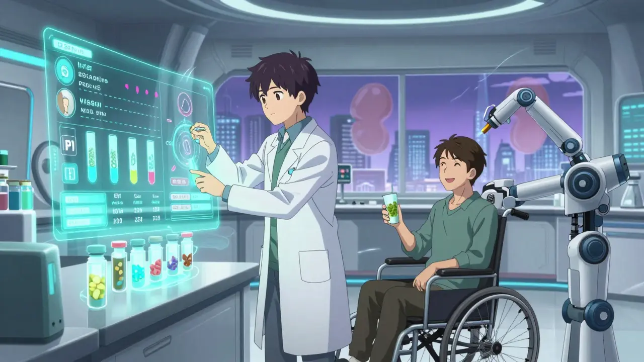 Scientist analyzing personalized protein data with a patient receiving a special shake.