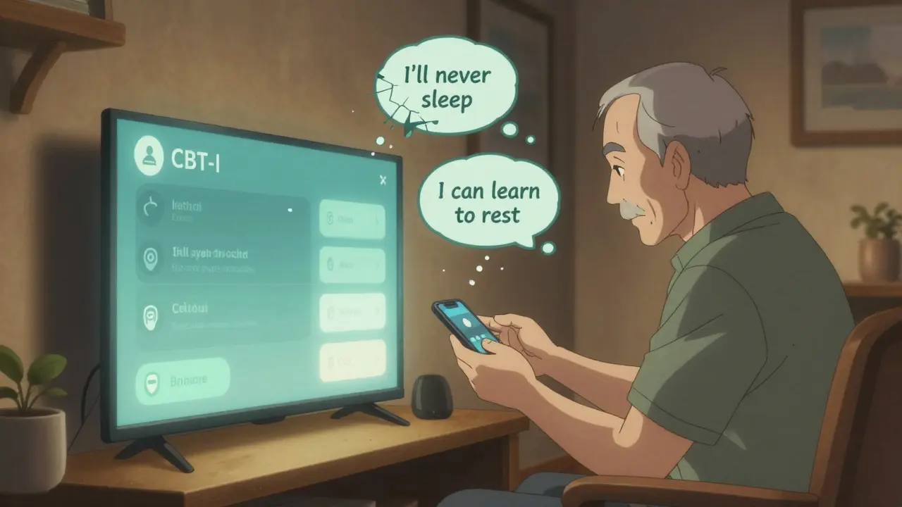 Senior man turning off electronics, glowing CBT-I app interface floating beside him.