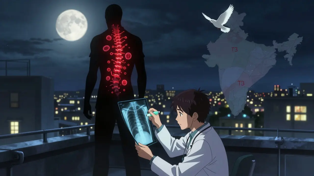 Shadowy figure with TB bacteria on hospital rooftop, doctor checking temperature as chest X-ray reveals hidden damage.