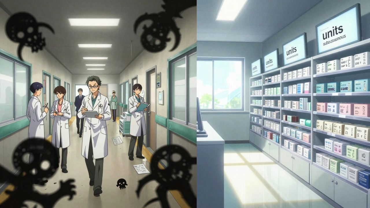 Split scene: chaotic handwritten prescriptions turning to skulls vs. clean digital pharmacy with clear English instructions.